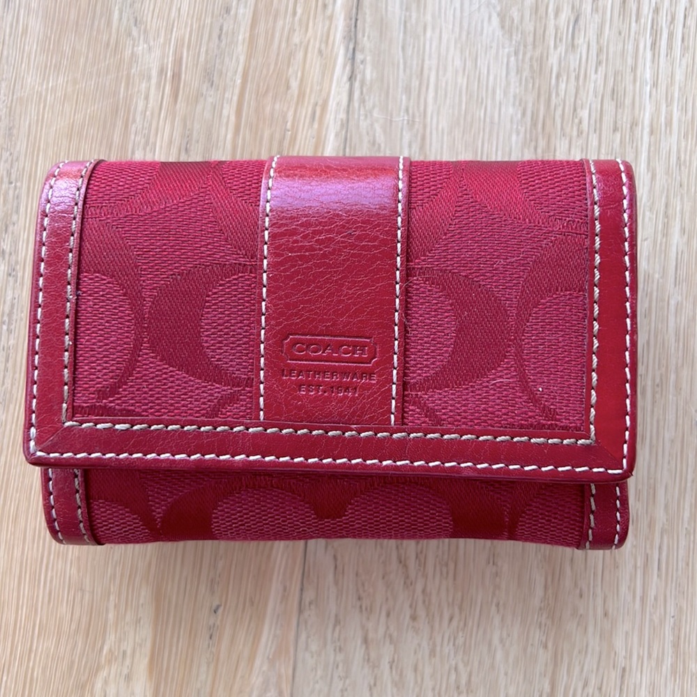 Authentic Coach trifold wallet. Small. Red. Jacquard and leather.